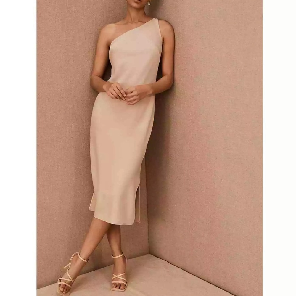 Anthropologie BHLDN Audrie One Shoulder Satin Midi Gown Oyster Tan Size 4